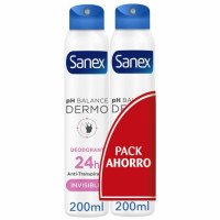 Desodorante en spray dermo invisible protección antitranspirante 24h Sanex pack de 2 unidades de 200 ml.