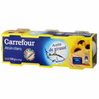 Atún claro en aceite de girasol Carrefour Classic pack de 3 latas de 52 g.