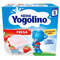 Postre lácteo fresa desde 8 meses Nestlé Yogolino sin gluten pack de 4 unidades de 100 g.