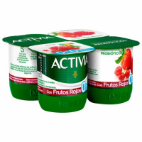 Bífidus desnatado con frutos rojos DANONE Activia sin gluten y sin azúcar añadido pack de 4 unidades de 120 g.