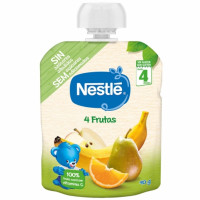 Bolsita de 4 frutas desde 4 meses Nestlé sin gluten y sin azúcar añadido 90 g.